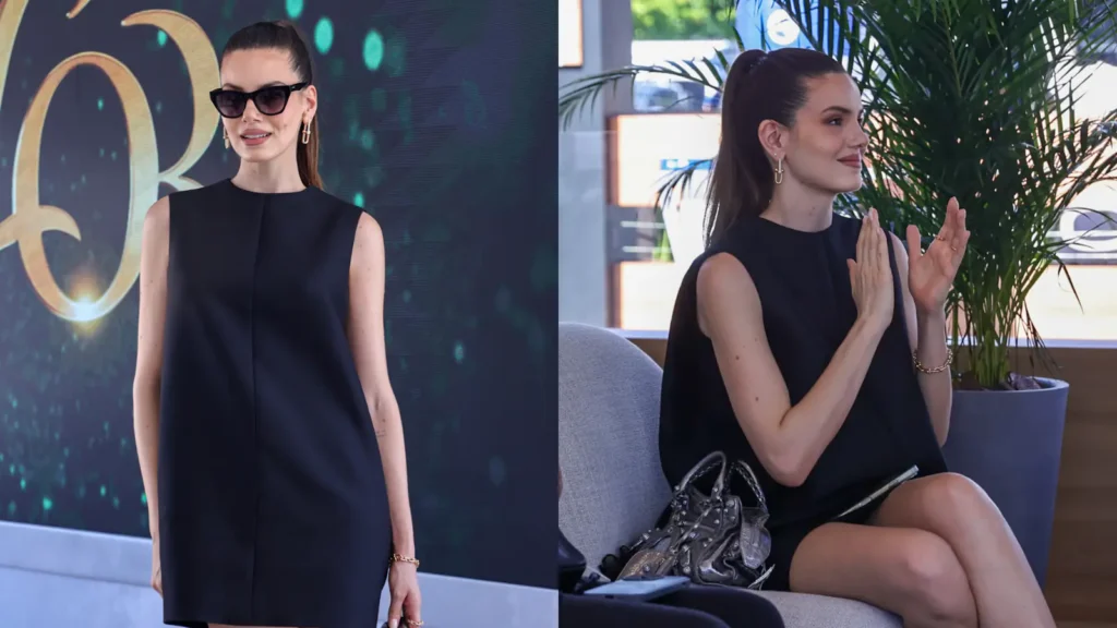 Camila Queiroz posa com look avaliado em mais de R$ 30 mil em destaque