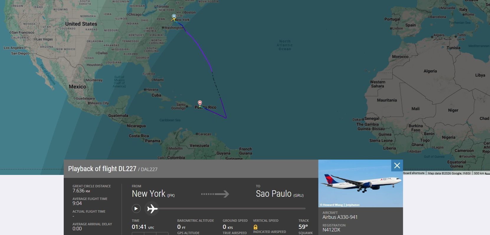 Voo da Delta de Nova York para São Paulo com Desvio para Porto Rico
