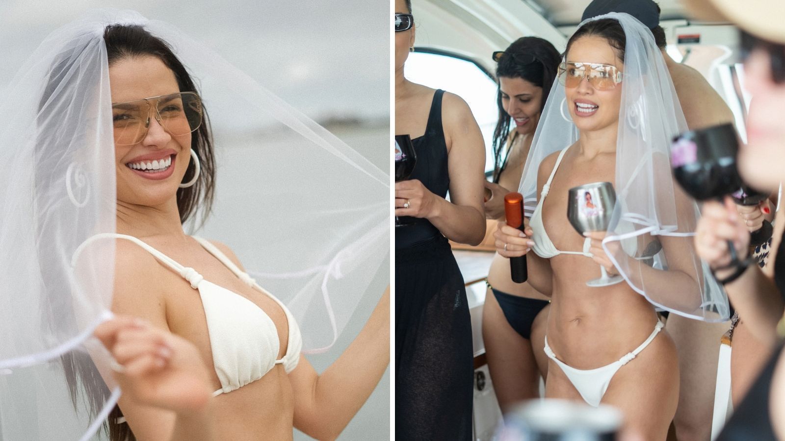 De véu e biquíni, Juliette celebra sua despedida de solteira